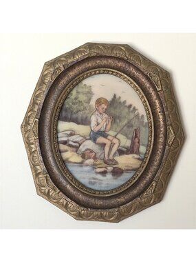 VTG Artini Twin Etched Sculptured Engraving Wall Art Boy Fishing 4D Hand Painted
